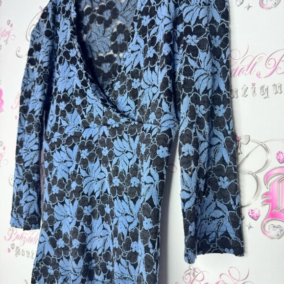 Garage top long sleeve lace blue mesh floral flowers v neck ruffle trim cute - Picture 5 of 9